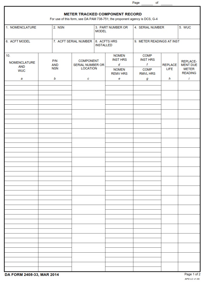 DA FORM 2408-33 - Meter Tracked Component Record Page 1