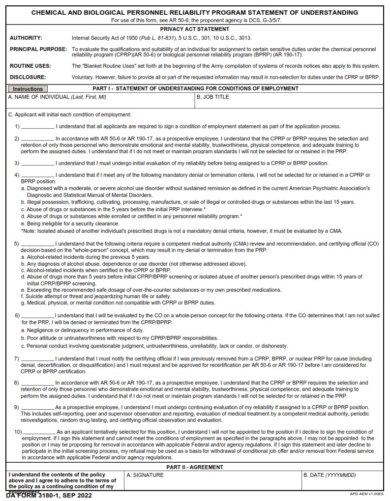 DA FORM 3180-1 - CHEMICAL AND BIOLOGICAL PERSONNEL RELIABILITY PROGRAM STATEMENT OF UNDERSTANDING