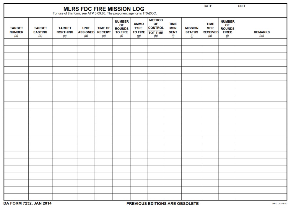 DA FORM 7232 - Mlrs Fdc Fire Mission Log Page 1