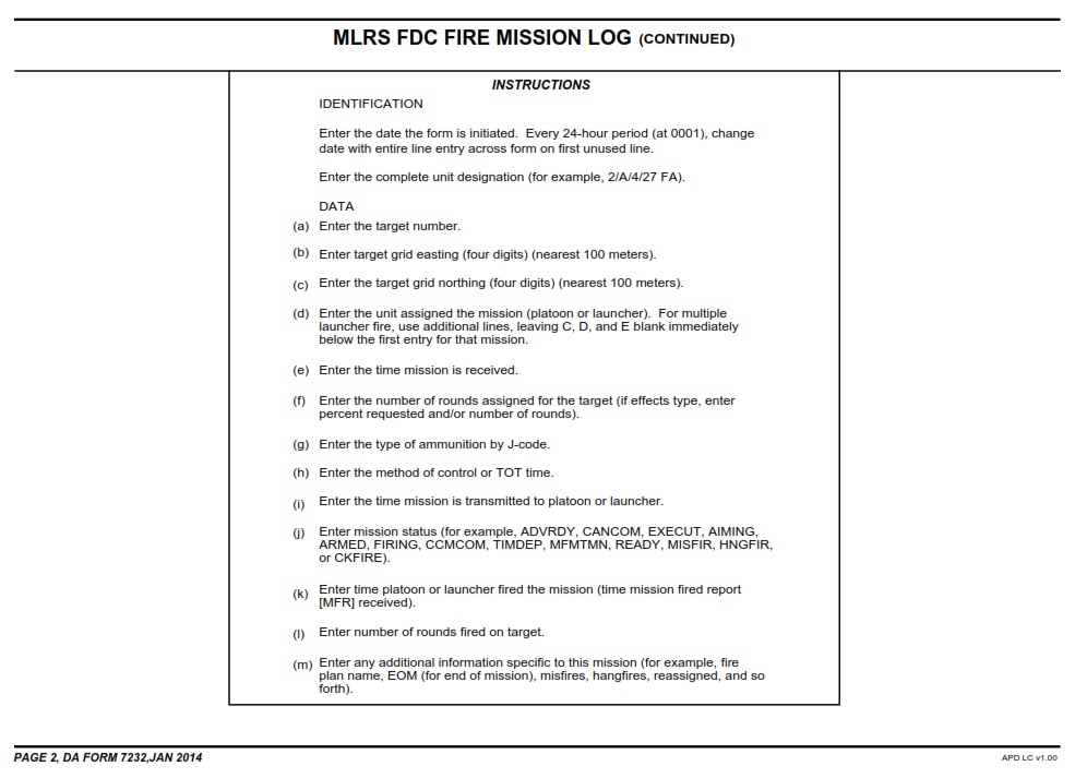 DA FORM 7232 - Mlrs Fdc Fire Mission Log Page 2
