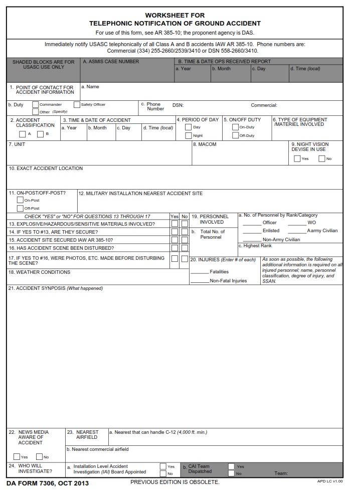 DA FORM 7306 - WORKSHEET FOR TELEPHONIC NOTIFICATION OF GROUND ACCIDENT