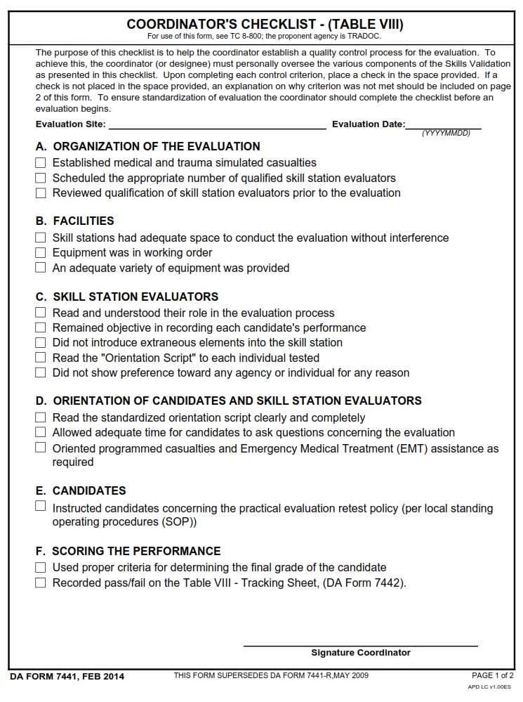 DA FORM 7441 - Coordinator`S Checklist - (Table Viii) Page 1