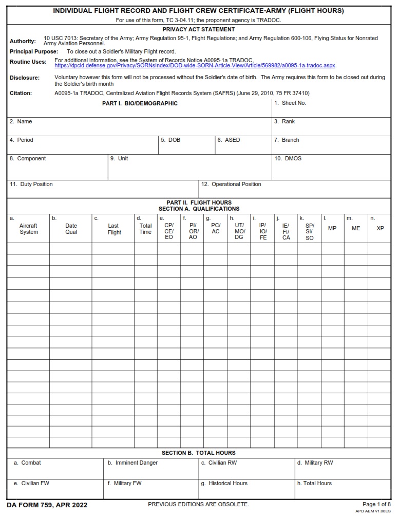 DA FORM 759 - INDIVIDUAL FLIGHT RECORD AND FLIGHT CREW CERTIFICATE-ARMY (FLIGHT HOURS) Page 1