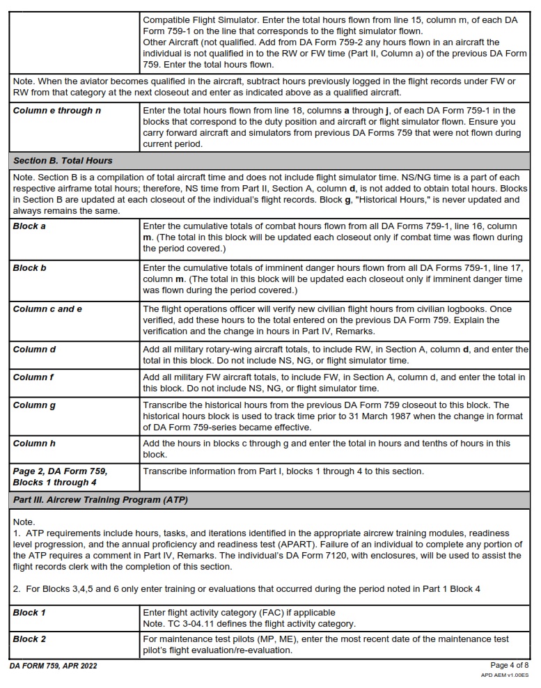 DA FORM 759 - INDIVIDUAL FLIGHT RECORD AND FLIGHT CREW CERTIFICATE-ARMY (FLIGHT HOURS) Page 4