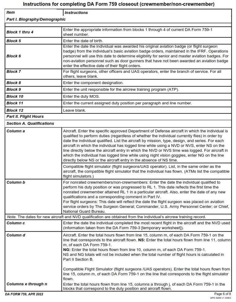 DA FORM 759 - INDIVIDUAL FLIGHT RECORD AND FLIGHT CREW CERTIFICATE-ARMY (FLIGHT HOURS) Page 6