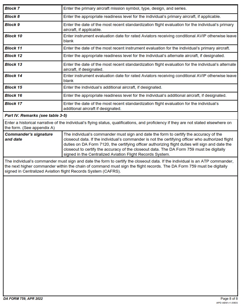 DA FORM 759 - INDIVIDUAL FLIGHT RECORD AND FLIGHT CREW CERTIFICATE-ARMY (FLIGHT HOURS) Page 8