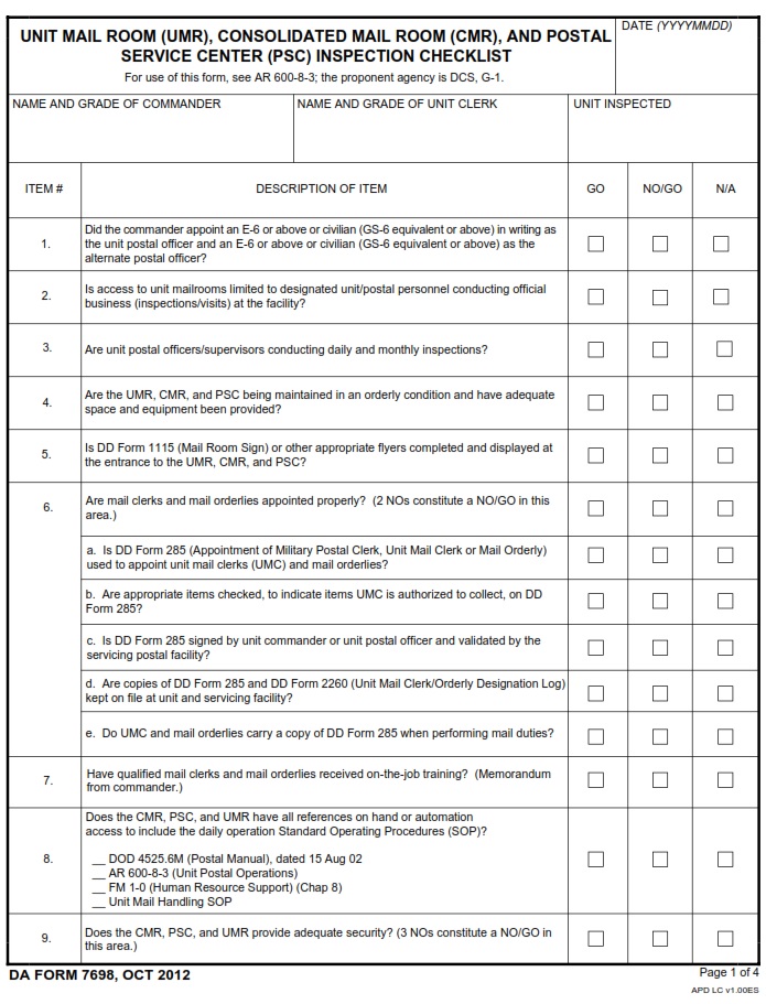 DA FORM 7698 - Unit Mail Room (UMR), Consolidated Mail Room (CMR), And Postal Service Center (PSC) Inspection Checklist page 1