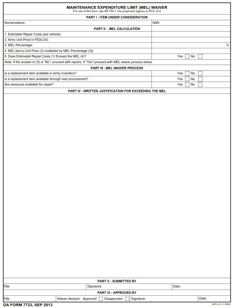 DA FORM 7723 – Maintenance Expenditure Limit (MEL) Waiver | Army Pubs ...