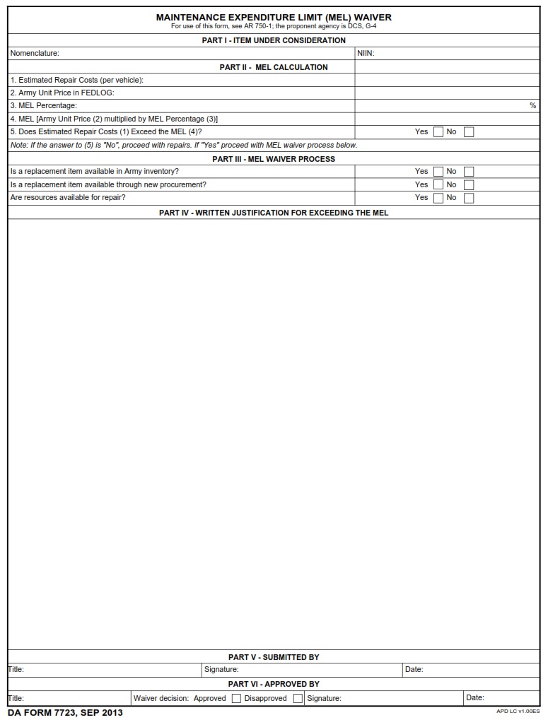 DA FORM 7723 - Maintenance Expenditure Limit (Mel) Waiver