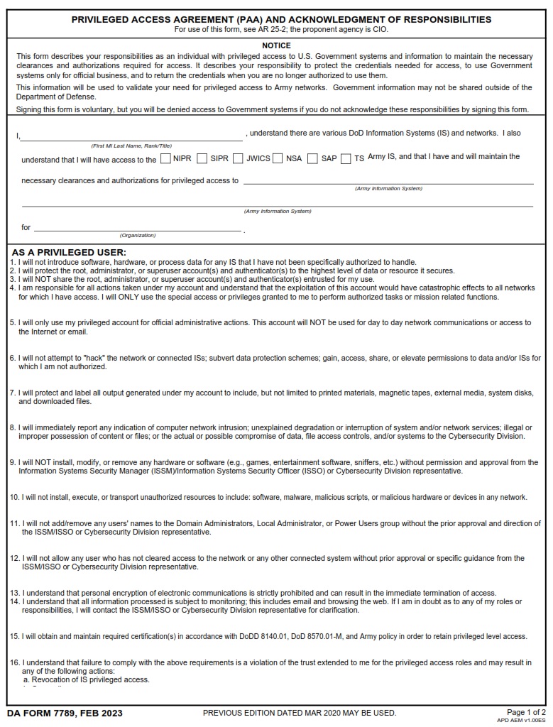 DA FORM 7789 - PRIVILEGED ACCESS AGREEMENT (PAA) AND ACKNOWLEDGMENT OF RESPONSIBILITIES PAGE 1