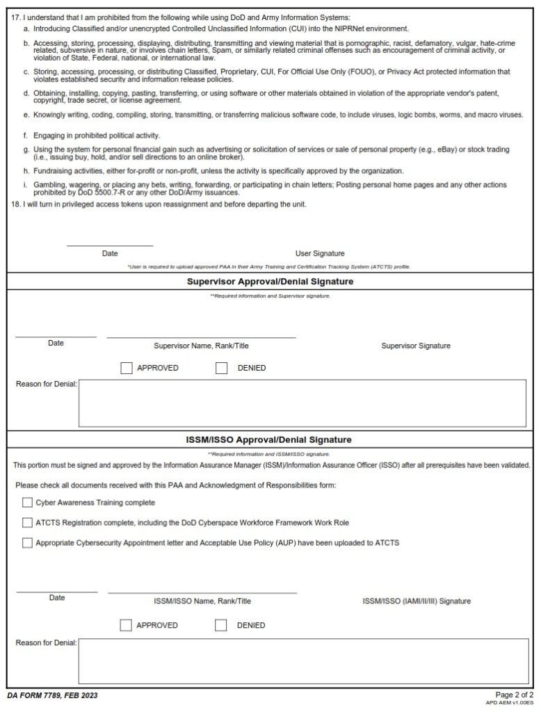 DA FORM 7789 Privileged Access Agreement (PAA) And Acknowledgment Of