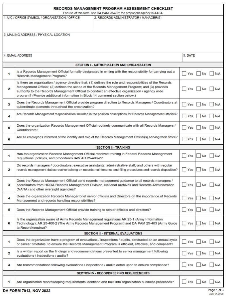 DA FORM 7913 – Records Management Program Assessment Checklist | Army ...