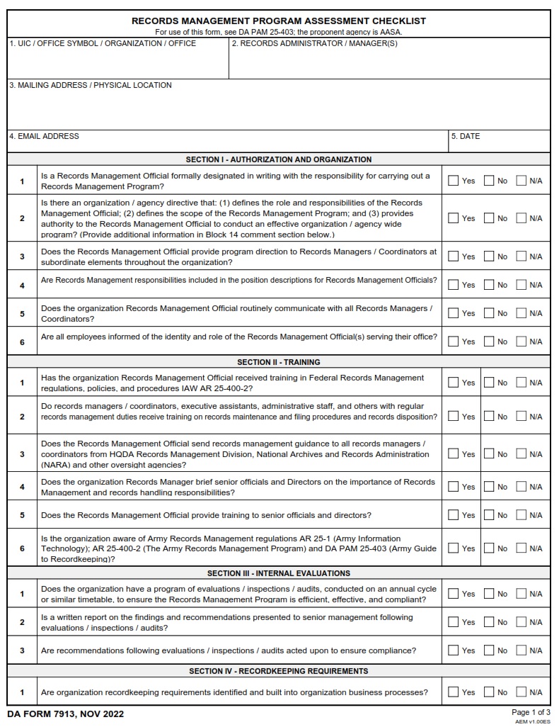 DA FORM 7913 Records Management Program Assessment Checklist Army