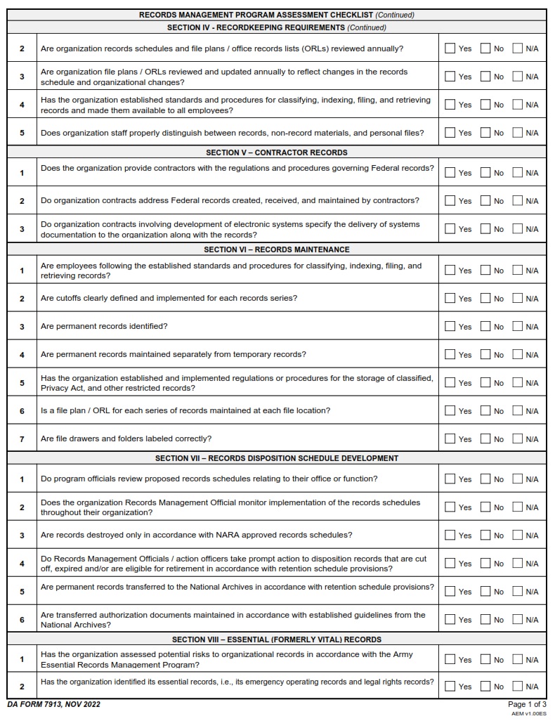 DA FORM 7913 - Records Management Program Assessment Checklist page 2
