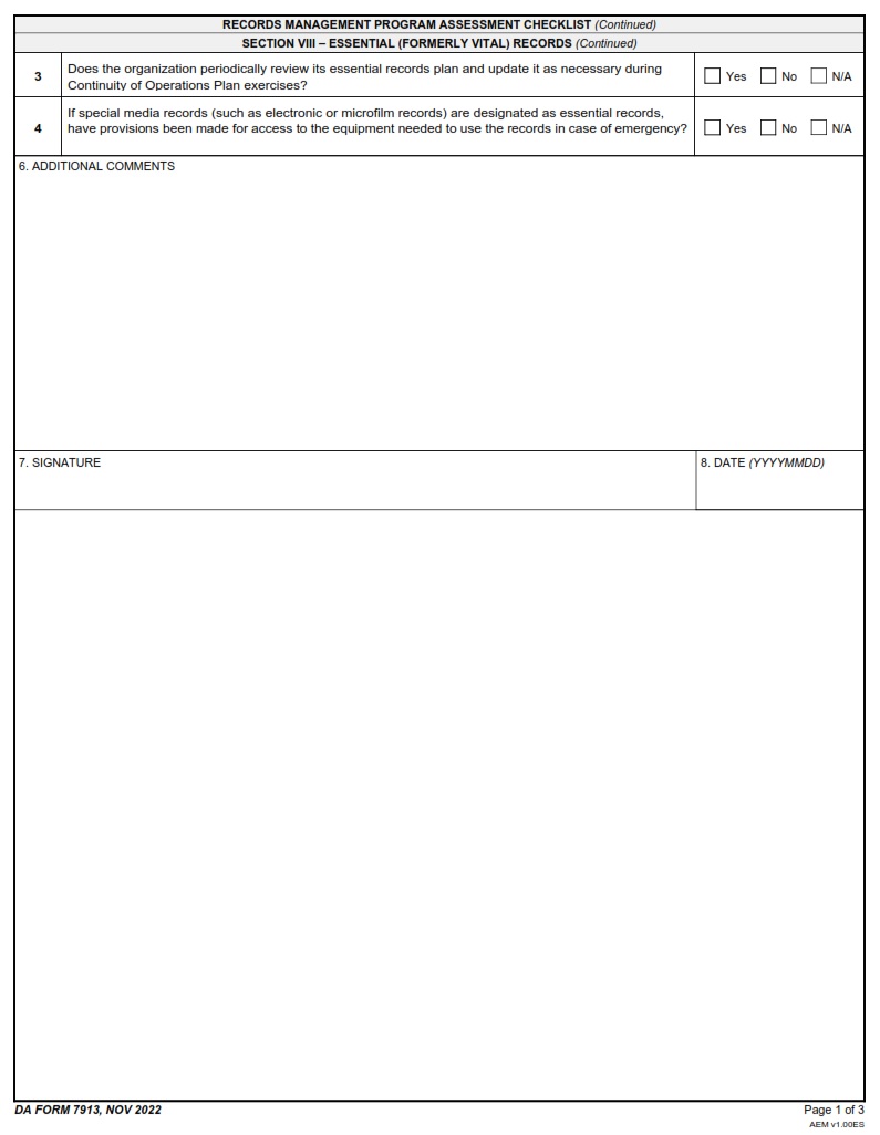 DA FORM 7913 - Records Management Program Assessment Checklist page 3