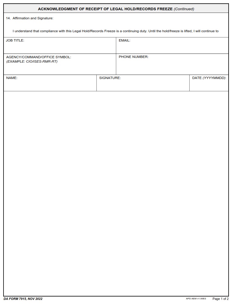 DA FORM 7915 - ACKNOWLEDGMENT OF RECEIPT OF LEGAL HOLD RECORDS FREEZE page 2