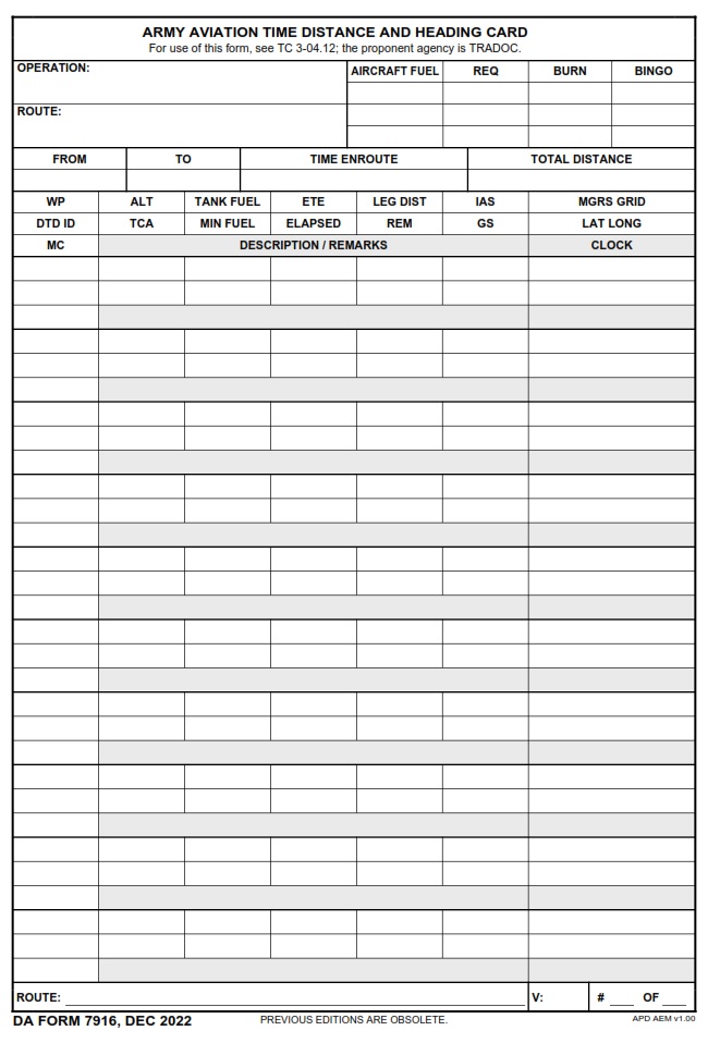 DA FORM 7916 - Army Aviation Time Distance And Heading Card