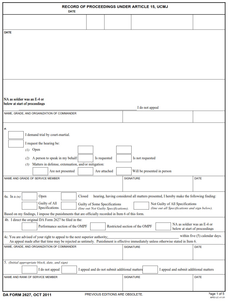 DA FORM 2627 - Record Of Proceedings Under Article 15, Ucmj Page 1