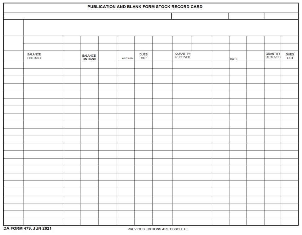DA FORM 479 - Publication And Blank Form Stock Record Card (Vertical File)