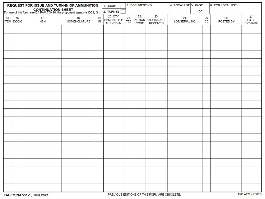 DA FORM 581-1 - Request For Issue And Turn-In Of Ammunition Continuation Sheet