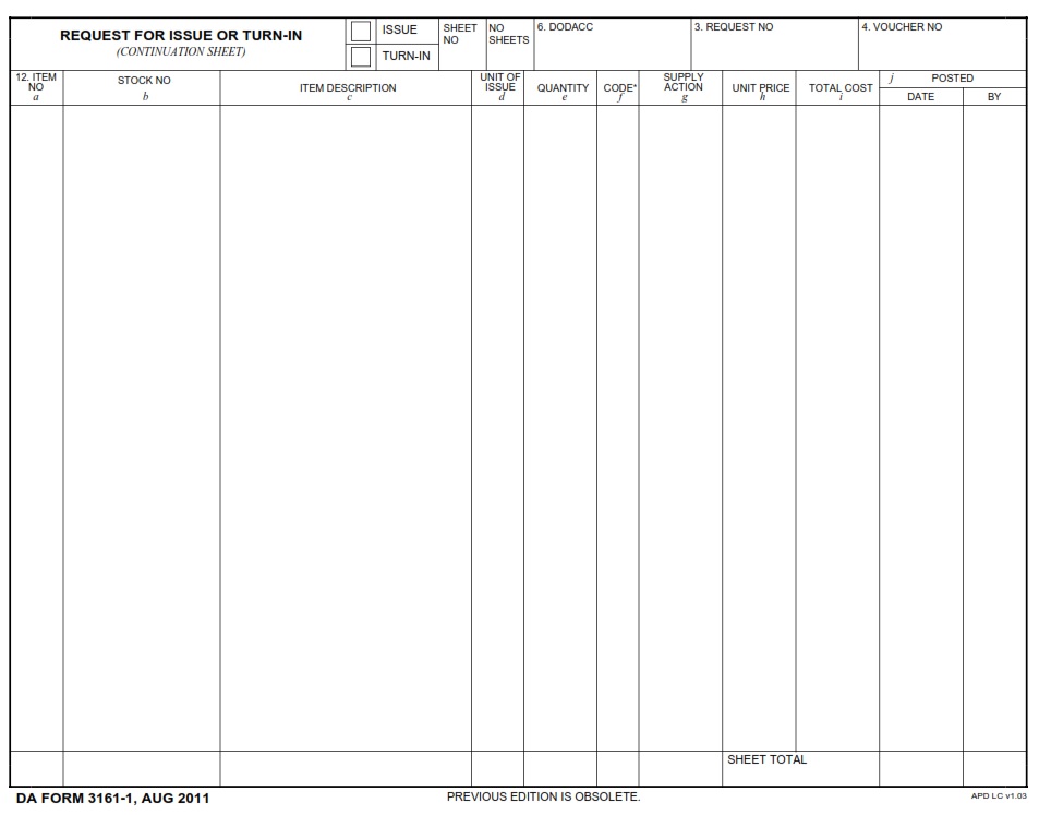 DA FORM 3161-1 - Request For Issue And Turn-In (Continuation Sheet)